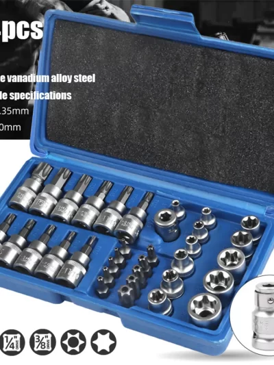 34pcs Torx Bit Socket and E-Torx Star Socket Set 1/4" 3/8" 1/2" Drive Male Female
