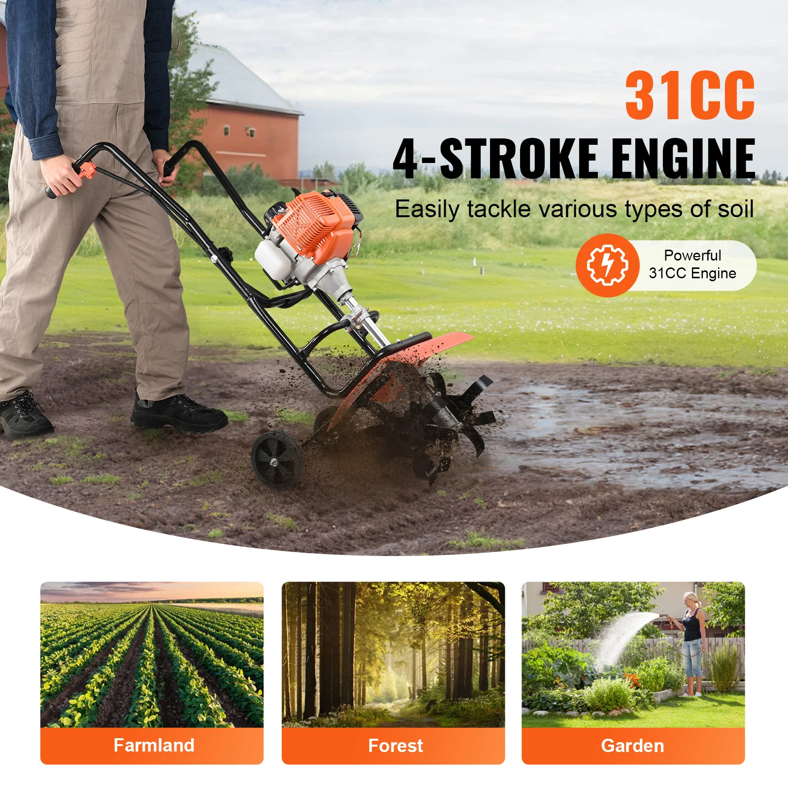SucceBuy Tiller Cultivator 31/43/212CC Garden Cultivator Tiller with 4 Steel Adjustable Front Tines - Image 2