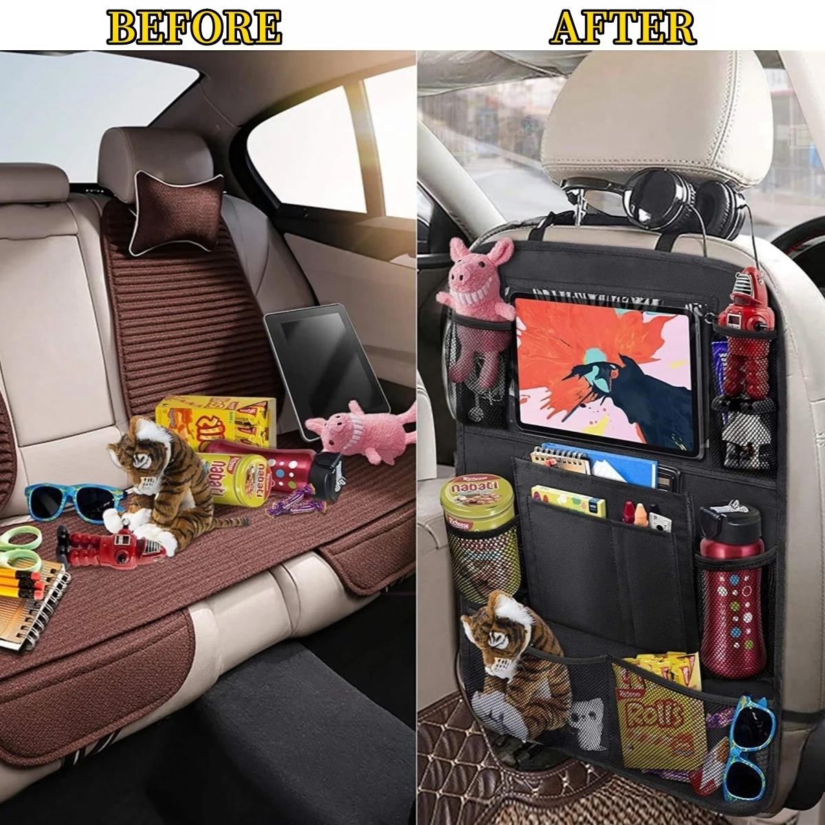 Car Seat Back Organizer 10 Storage Pockets with Touch Screen Tablet Holder - Image 3
