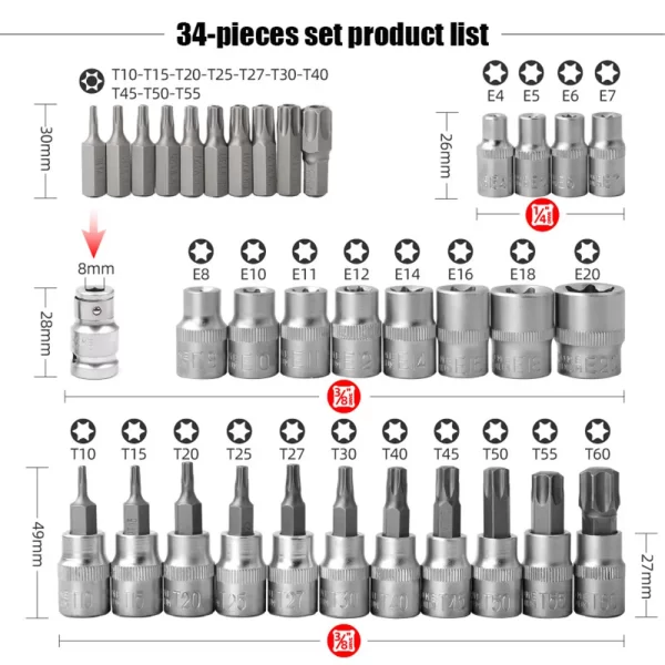 34pcs Torx Bit Socket and E-Torx Star Socket Set 1/4" 3/8" 1/2" Drive Male Female - Image 2