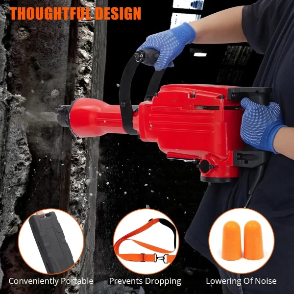 4-Piece Set 65A 2200W Hammer Drill, Electric Demolition Jack Hammer, 2 Chisels, Gloves, Tool Box, Wrench - Image 3
