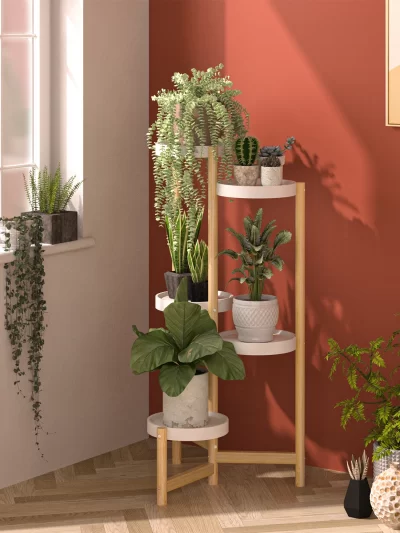 Indoor Outdoor Corner Bamboo 3/4/5 Tier Plant Stand Round