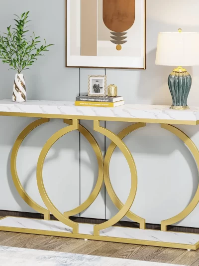 Tribesigns Gold Console Table, 55 inch Faux Marble Entryway Table Narrow Long Sofa Table