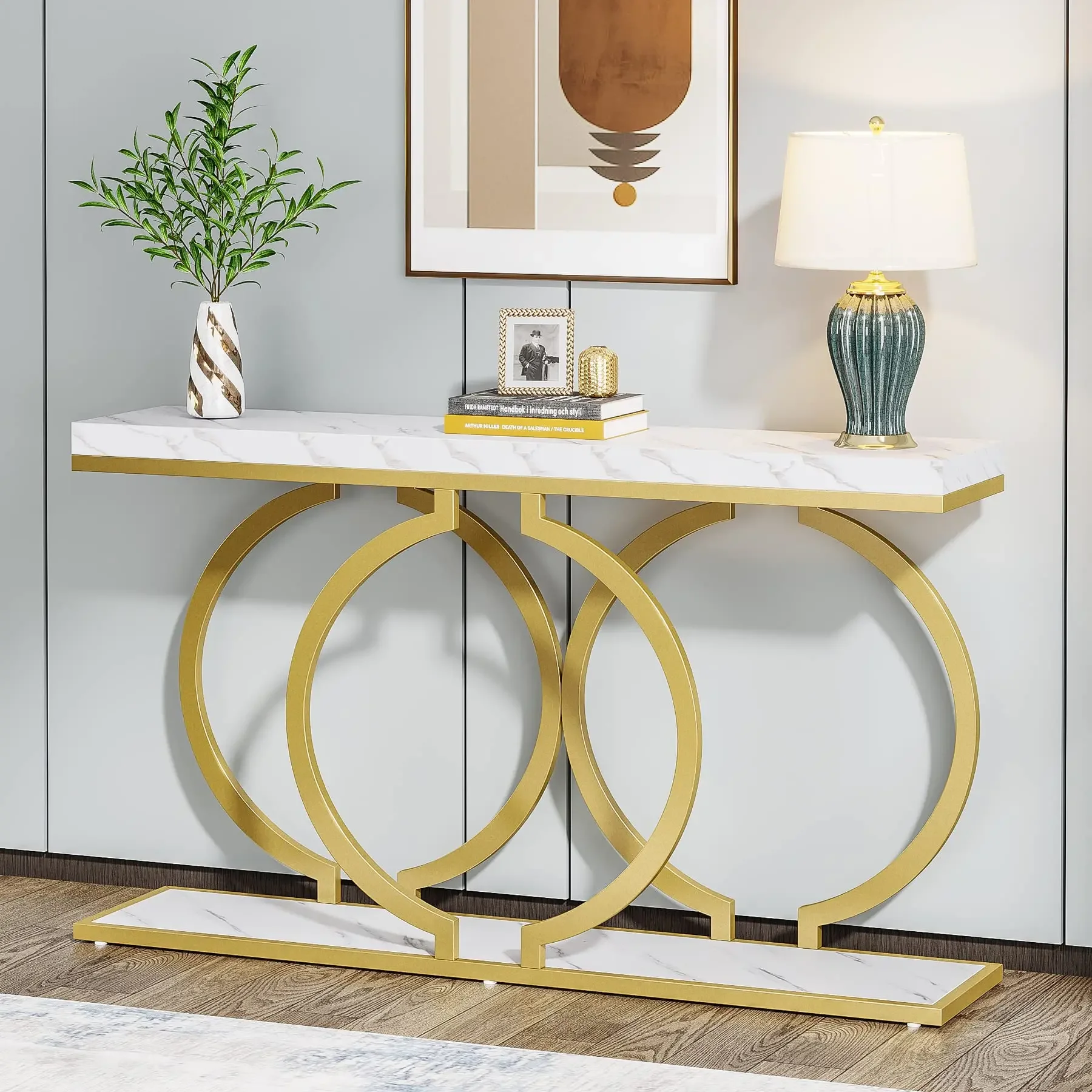 Tribesigns Gold Console Table, 55 inch Faux Marble Entryway Table Narrow Long Sofa Table