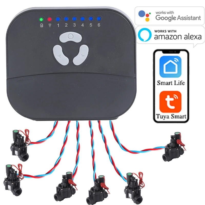 6 Zone WIFI Connect Tuya Smart Home Watering Timer and Garden Irrigation Controller Water solenoid Valve Irrigation Timer System