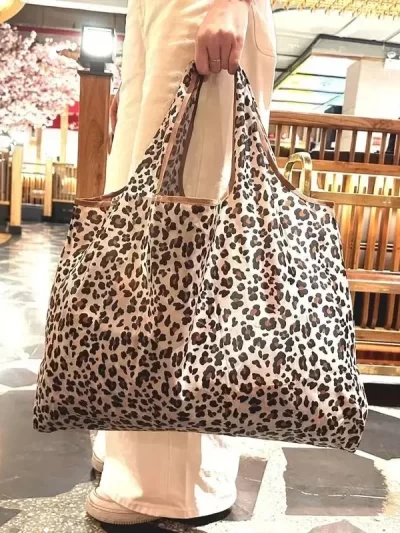 Large Capacity Leopard Print Hand Shopping Bag Women's Daily Folding Handbag