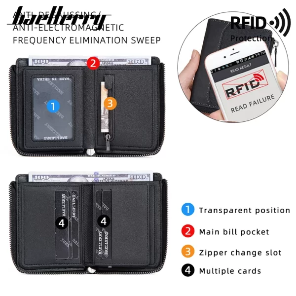 Baellerry RFID Simple Short Men Zipper Wallets Luxury Brand Card Holder Photo Holder Coin Pocket - Image 3