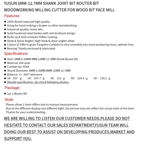 YUSUN 6MM-12.7MM Shank Joint Bit Router Bit Woodworking Milling Cutter For Wood Bit face Mill - Image 13