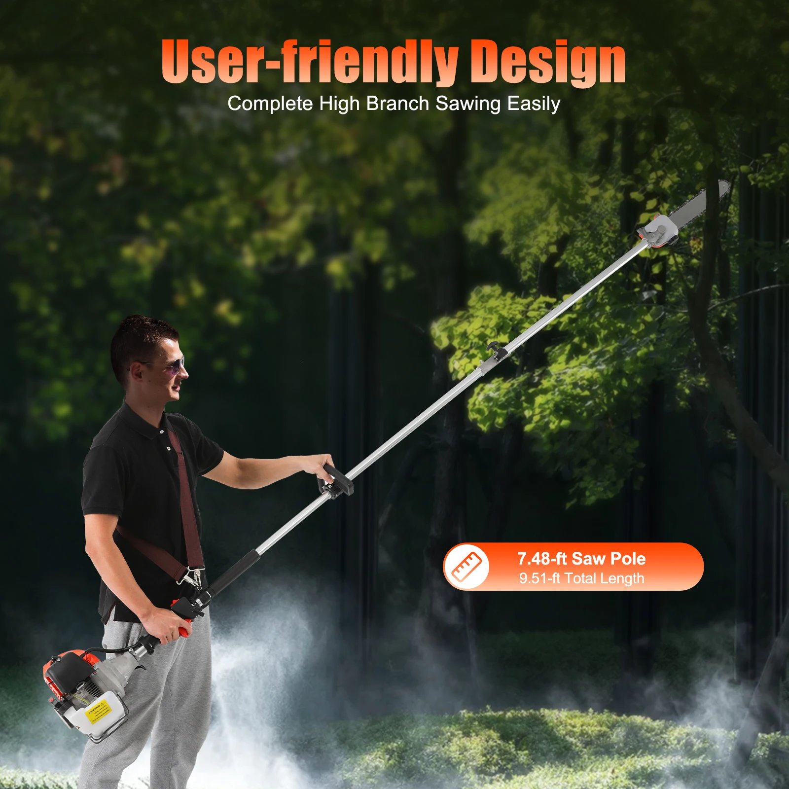 2 Stroke 52cc High Reach Pole Saw Pole Chainsaw Air-cooled High Branch Height Cordless Garden Tree Pruning Tool - Image 3