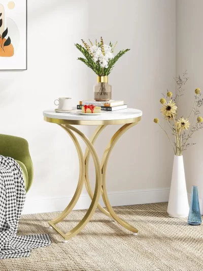 Small Round Sofa Side Table,Modern Faux Marble White and Gold End Table,Side Table Bedside Coffee Table
