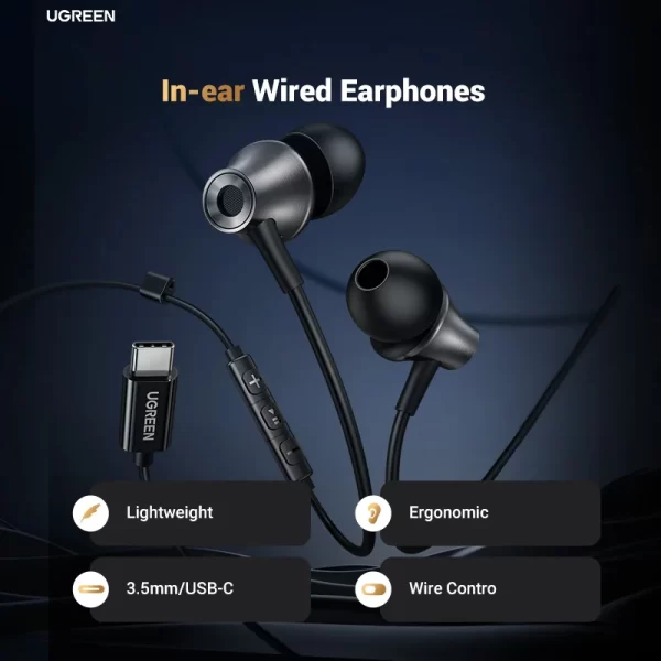 UGREEN 3.5mm USB Type C Wired Earbuds with Microphone, Wired Earphones in Ear Headphones HiFi Stereo,For Most with 3.5mm Jack - Image 2