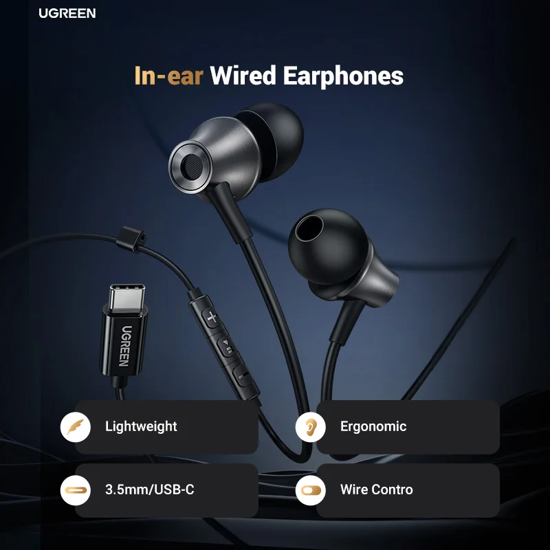 UGREEN 3.5mm USB Type C Wired Earbuds with Microphone, Wired Earphones in Ear Headphones HiFi Stereo,For Most with 3.5mm Jack - Image 2