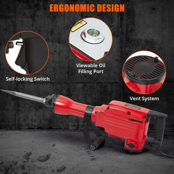 4-Piece Set 65A 2200W Hammer Drill, Electric Demolition Jack Hammer, 2 Chisels, Gloves, Tool Box, Wrench - Image 5