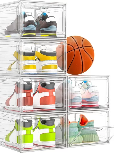 Thicken & Sturdy Clear Shoe Storage Organizer with Magnetic Door,Stackable Boxes for Closet