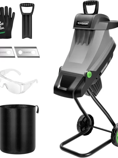 15-Amp Electric Wood Chipper Shredder with 1.77" Hopper & 50L Collection Bag, Includes Plunger, Extra Carbon Blades, Safety Gogg