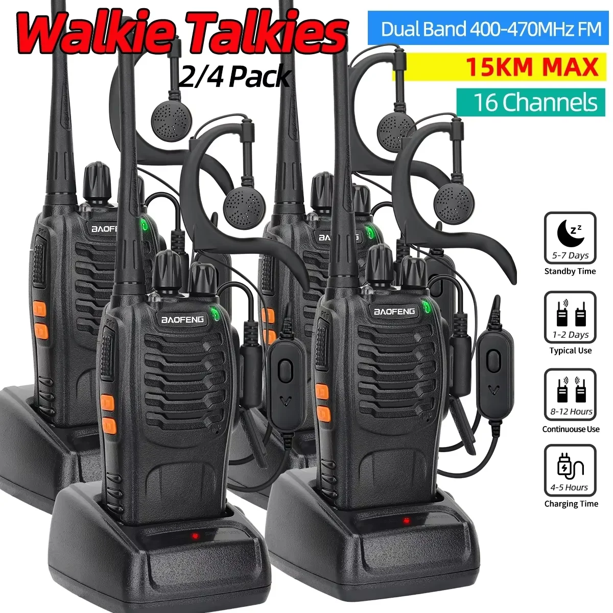 2/4PCS Baofeng BF-888S V2 Walkie Talkie Dual Band Portable Long Range UHF 400-470MHz USB/EU/US Ham Two Way Radio