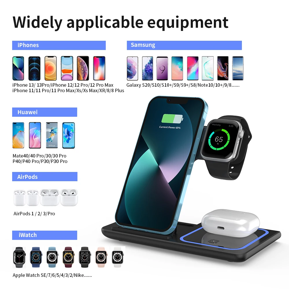 30W LED Fast Wireless Charger Stand 3 in 1 Foldable Charging Station For iPhone 15 14 13 12 11 Apple Watch 9 8 7 6 5 Airpods Pro - Image 24