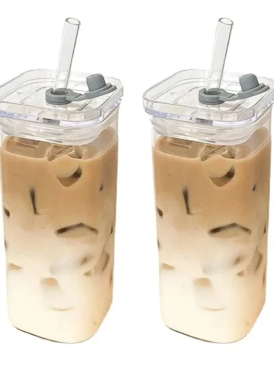 1Pcs Square Heat Resistant Coffee Glass Cup With Lid and Straw Transparent Milk Tea Juice Cups Coffee Mug