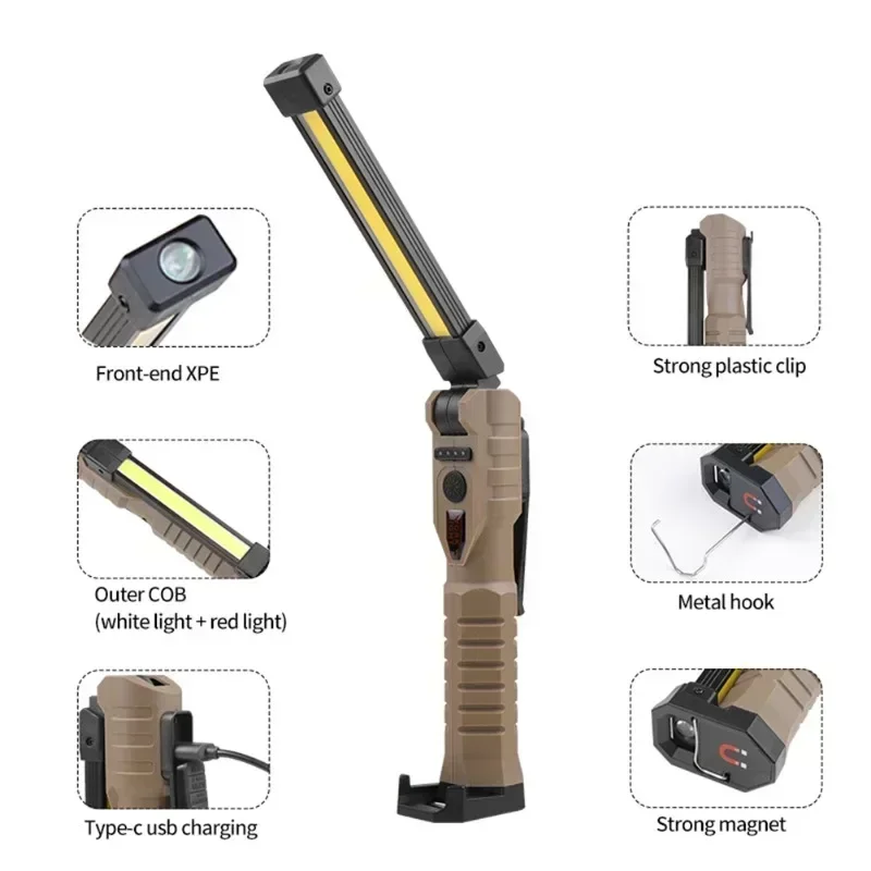 Folding COB XPE LED Work Light Handheld Flashlight with Built-in Battery Lamp Torch Emergency Car Inspection Lamp Red SOS Strobe - Image 15