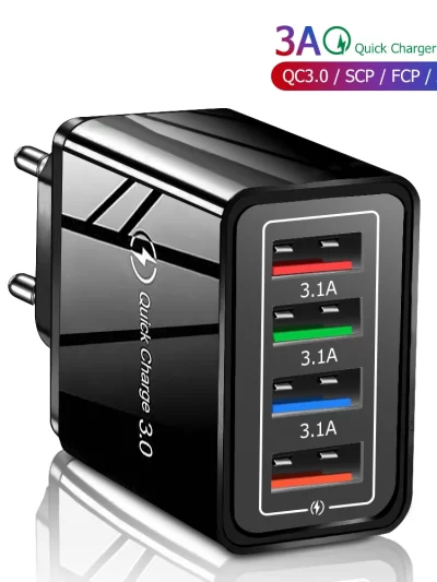3A USB Charger 4 Port USB Quick Charge 3.0 EU US Plug Mobile Phone Charger Wall Adapter Portable Fast Charging For iPhone 16 Pro