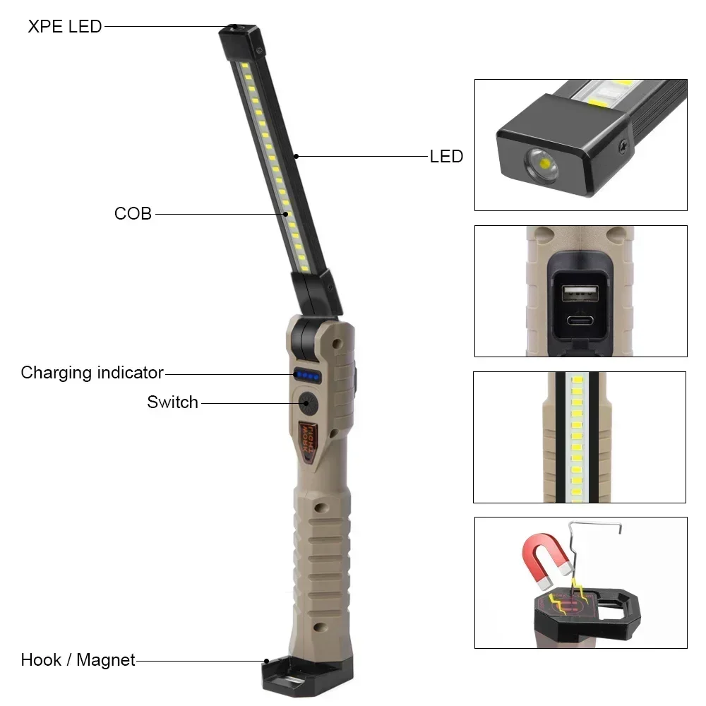 Folding COB XPE LED Work Light Handheld Flashlight with Built-in Battery Lamp Torch Emergency Car Inspection Lamp Red SOS Strobe - Image 19