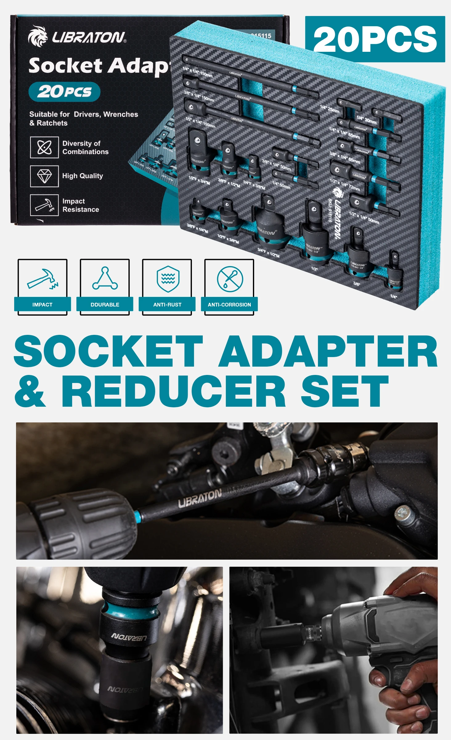 1/4" 3/8" 1/2" Impact Socket Adapters and Reducer, Includes Reducers, Universal Joints, Socket Adapter Extension, 20pcs - Image 8