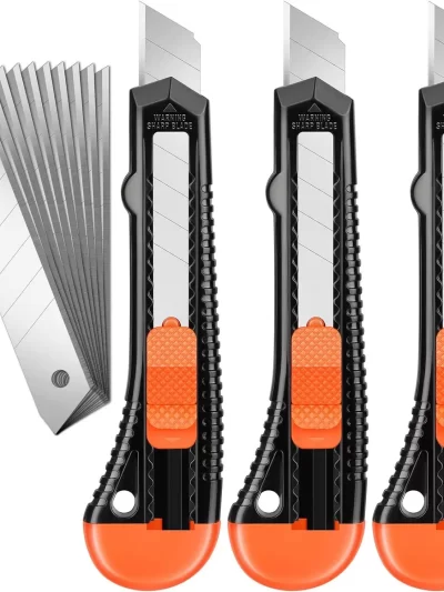 3 Pack Utility Knife Box Cutter Retractable, Compact Box Knife for Cartons, Cardboard and Boxes, with 10 Piece 18mm Wider