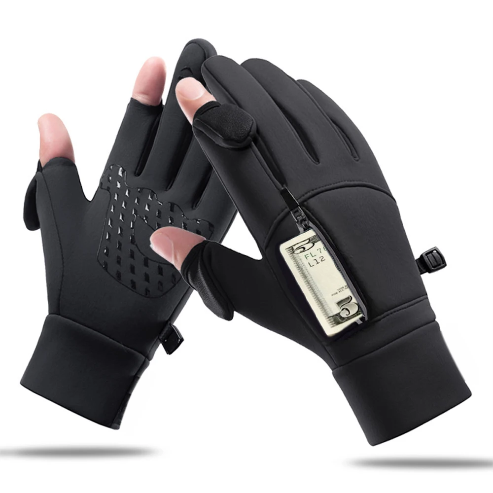 Winter Warm Gloves Flip Over Expose Two Fingers Gloves Waterproof Windproof
