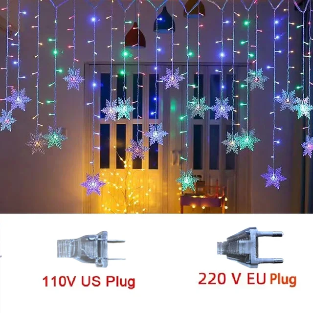 3.2M Christmas Snowflakes LED String Lights Flashing Fairy Curtain Lights Waterproof - Image 8