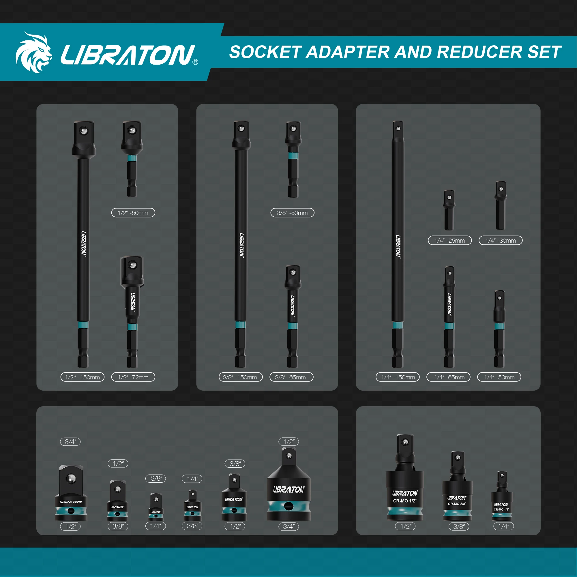 1/4" 3/8" 1/2" Impact Socket Adapters and Reducer, Includes Reducers, Universal Joints, Socket Adapter Extension, 20pcs - Image 2