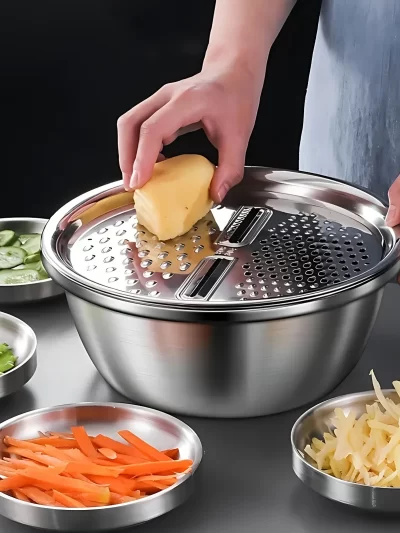 3PCS/1Set Vegetable Slicer, Stainless Steel Slicer, Potato Slicer, Vegetable Washing Basin, Drain Basket