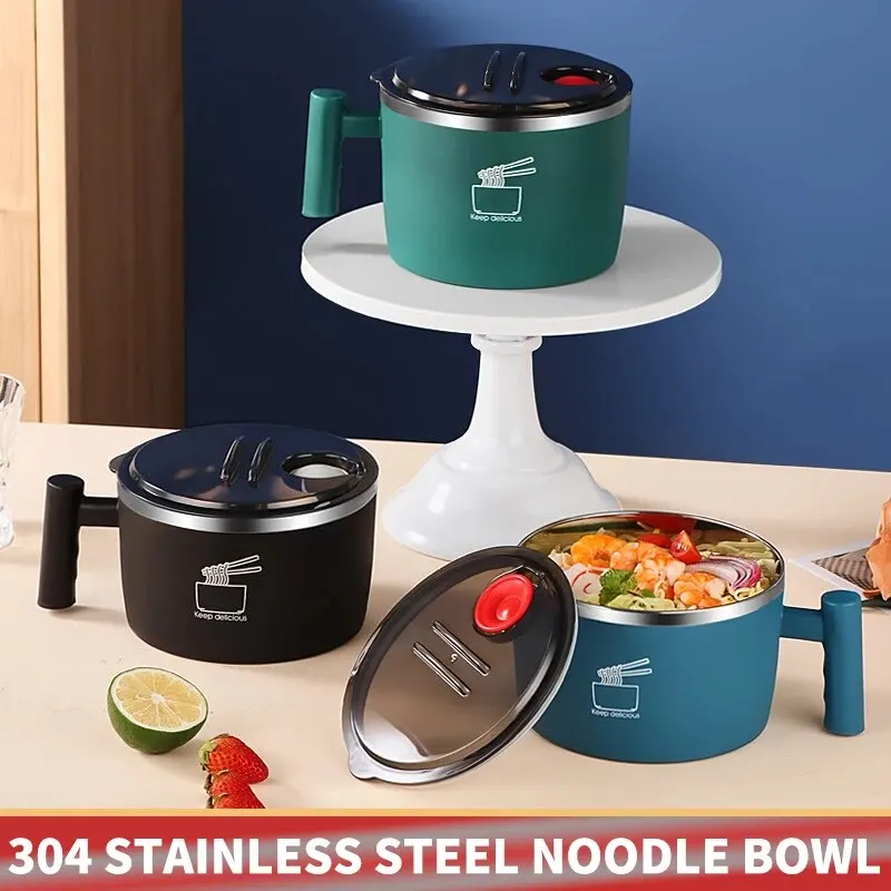 Stainless Steel Bowl With Lid For Instant Noodles Sealed And Portable Drain Bowl - Image 2