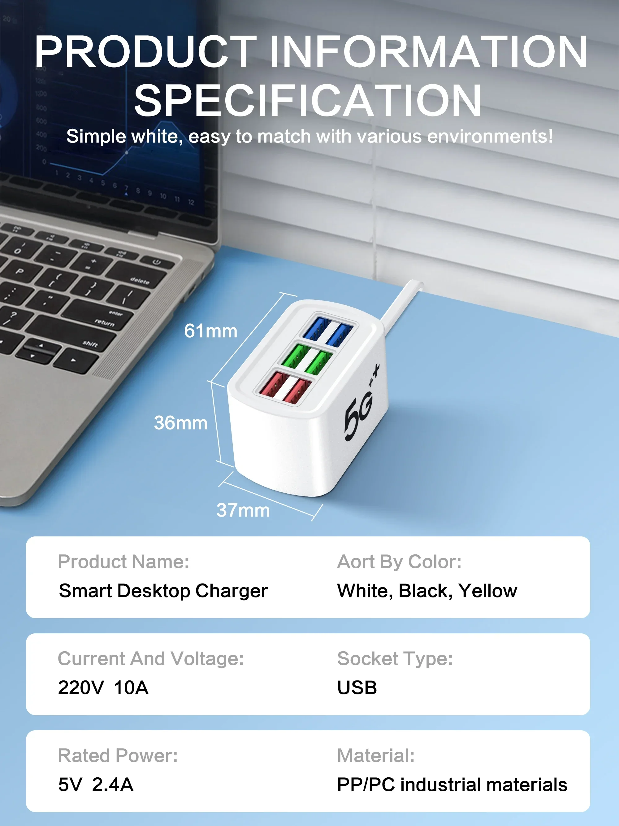 Fast USB Charger 6 in 1 Power Strip Desktop Charging Station Fast Charging 1m Cord USB HUB Adapter Socket for iPhone 16 Home - Image 12
