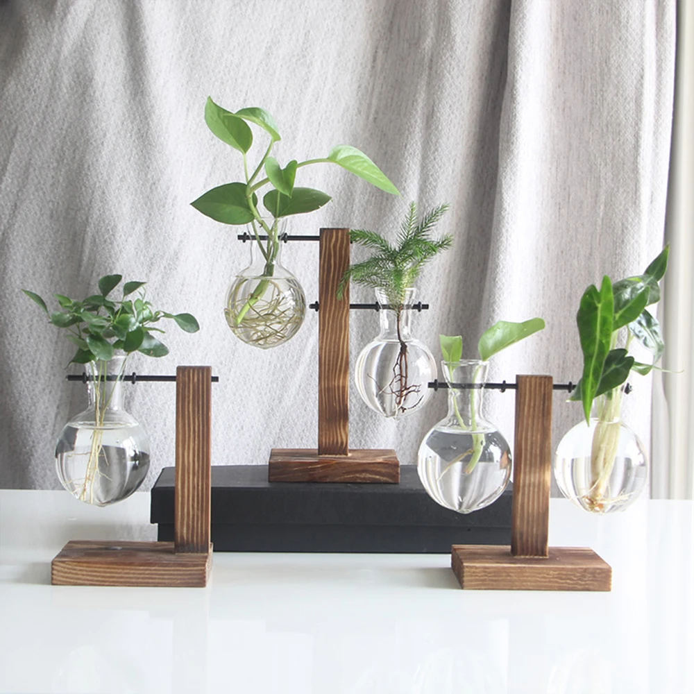 Creative Glass Desktop Planter Bulb Vase Wooden Stand Hydroponic Plant Container - Image 4