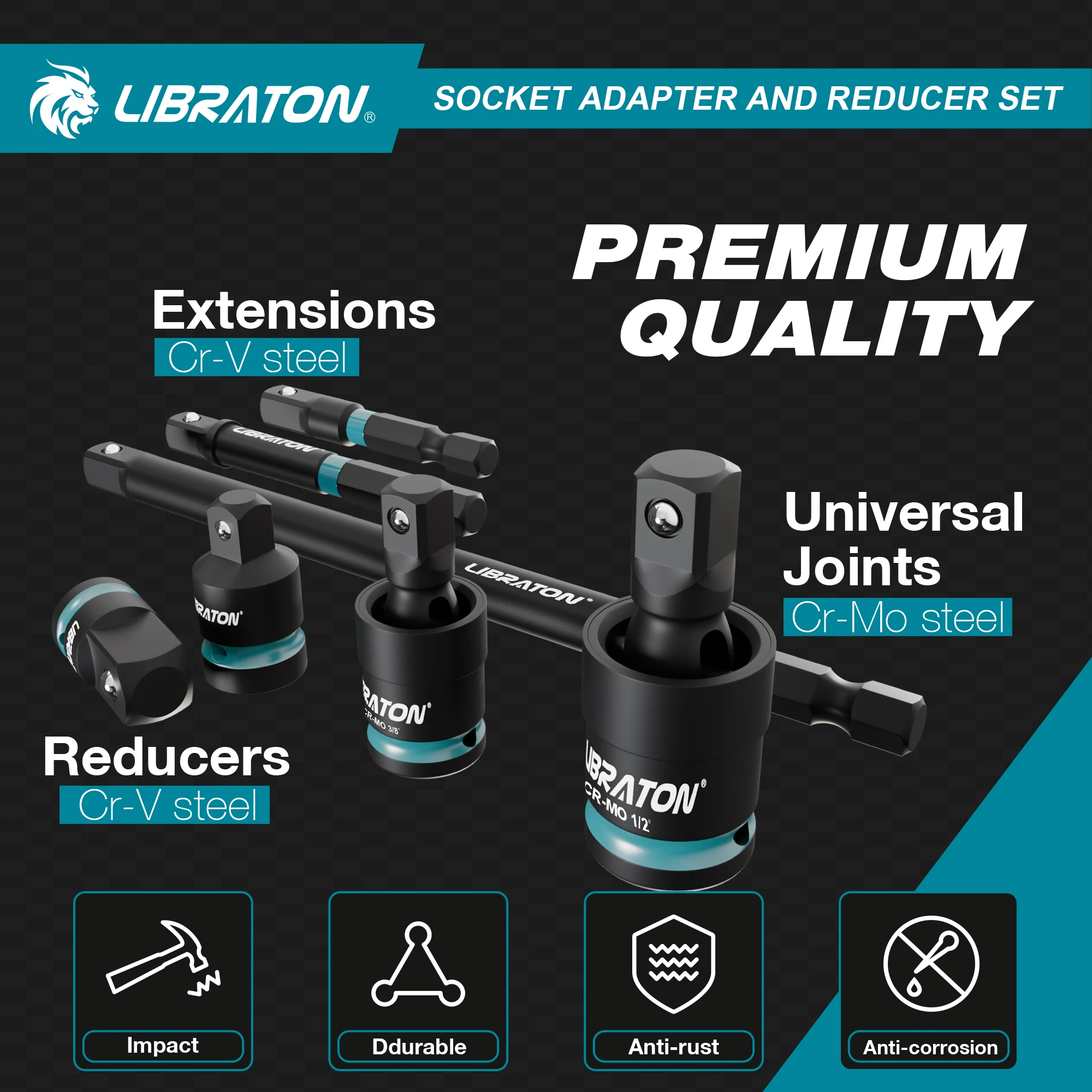 1/4" 3/8" 1/2" Impact Socket Adapters and Reducer, Includes Reducers, Universal Joints, Socket Adapter Extension, 20pcs - Image 3
