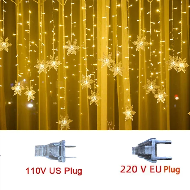 3.2M Christmas Snowflakes LED String Lights Flashing Fairy Curtain Lights Waterproof - Image 7