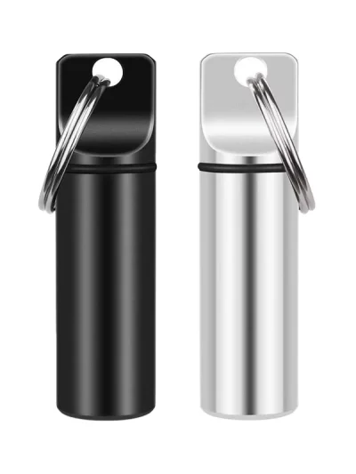 Aluminum Waterproof Pill Box Cases with Sealed Storage, Flat Head, Round Alloy Cartridge and Keychain