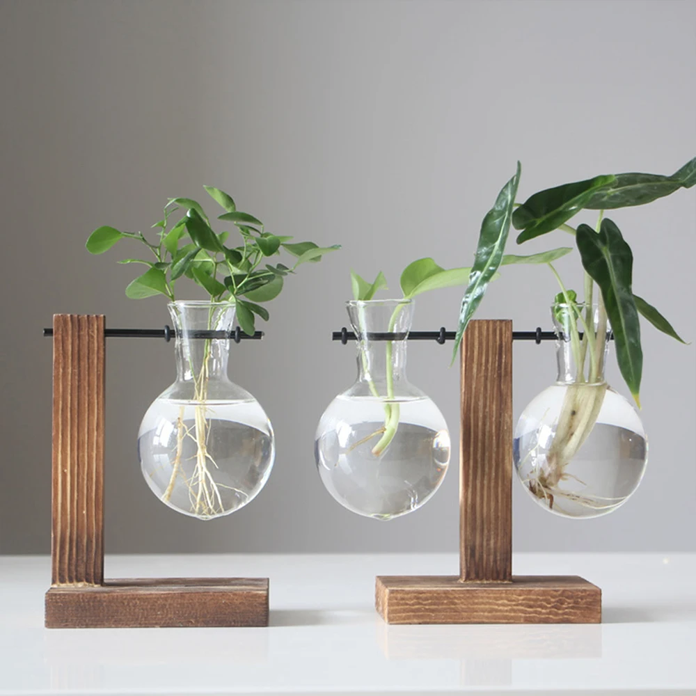 Creative Glass Desktop Planter Bulb Vase Wooden Stand Hydroponic Plant Container - Image 3