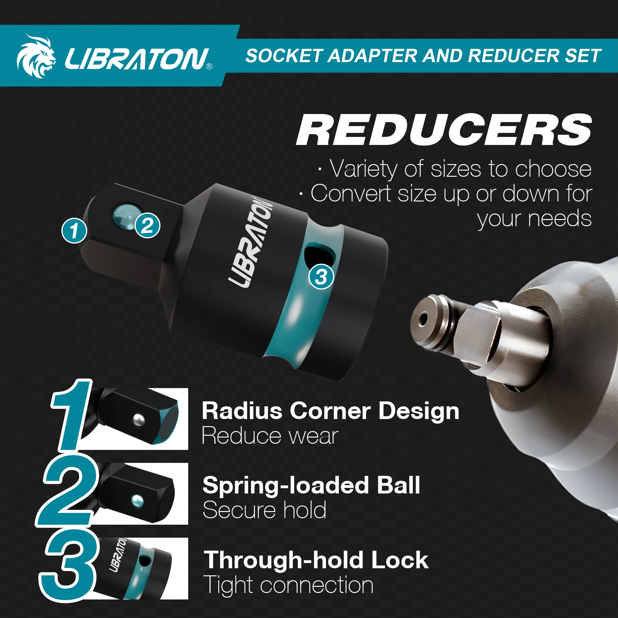 1/4" 3/8" 1/2" Impact Socket Adapters and Reducer, Includes Reducers, Universal Joints, Socket Adapter Extension, 20pcs - Image 4