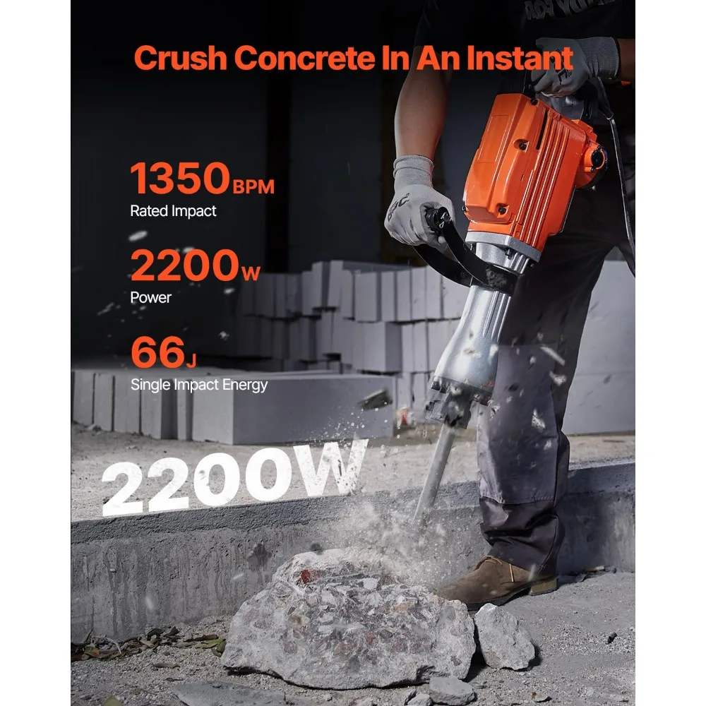 Heavy-Duty Electric Demolition Jackhammer with MAX 2200W Power, 1350 BPM for Concrete Breaking, Including 6 Chisels - Image 2