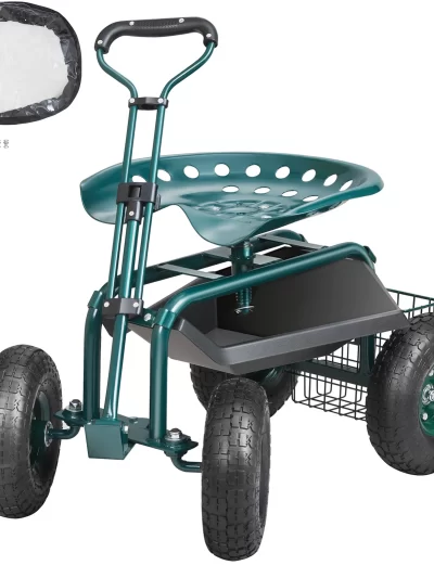 SucceBuy Garden Cart Rolling Workseat with Wheels Gardening Stool for Planting 360Degree Swivel Seat Wagon Scooter with Steering