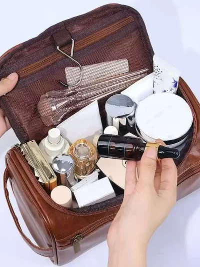 PU Leather Men Toiletry Bag With Handle Waterproof Cosmetic Storage Bag Large Capacity