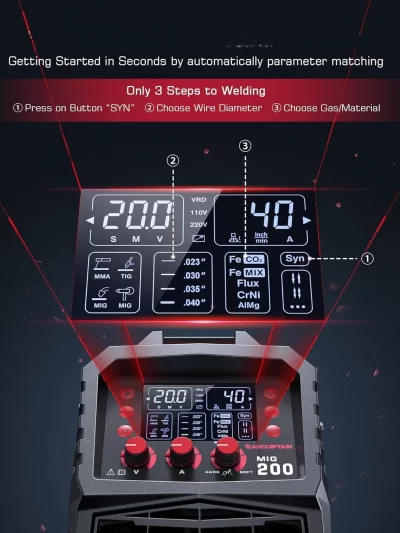 MIG Welder, 200Amp 6 in 1 Gas MIG/Gasless Flux Core MIG/Stick/Lift TIG/Spot welding/Spool Gun 110V/220V Aluminum Multi