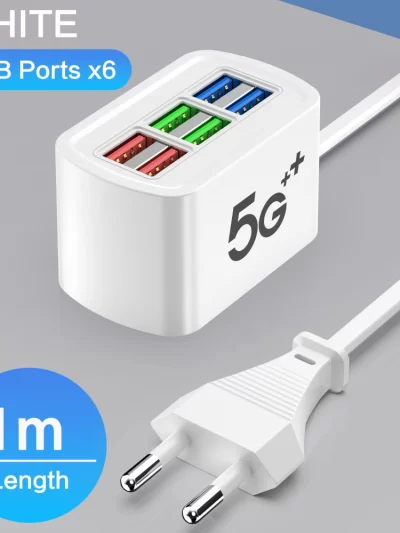 Fast USB Charger 6 in 1 Power Strip Desktop Charging Station Fast Charging 1m Cord USB HUB Adapter Socket for iPhone 16 Home