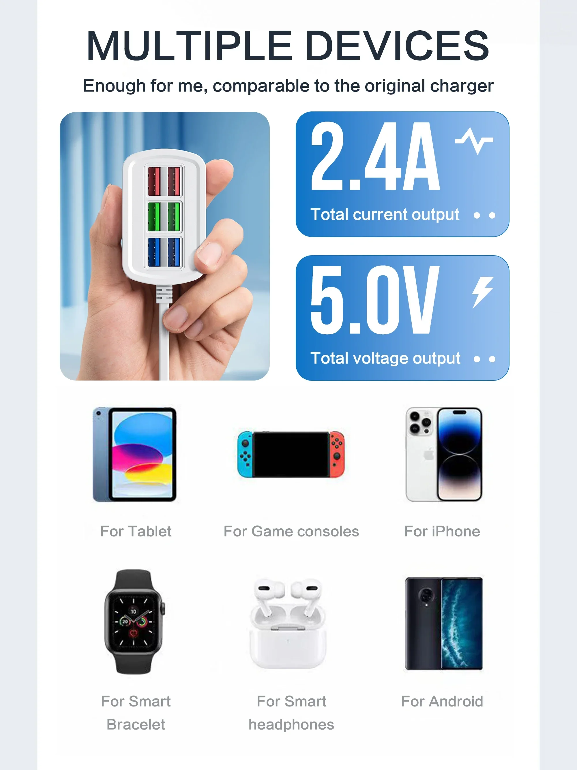 Fast USB Charger 6 in 1 Power Strip Desktop Charging Station Fast Charging 1m Cord USB HUB Adapter Socket for iPhone 16 Home - Image 14