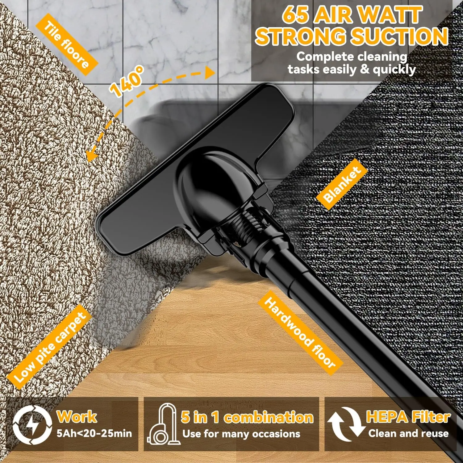 5 in 1 Handheld Electric Vacuum Cleaner with 400W Powerful Motor, 46 CFM Portable Hand Vacuum for Floor, Carpet, Car for Dewalt - Image 6