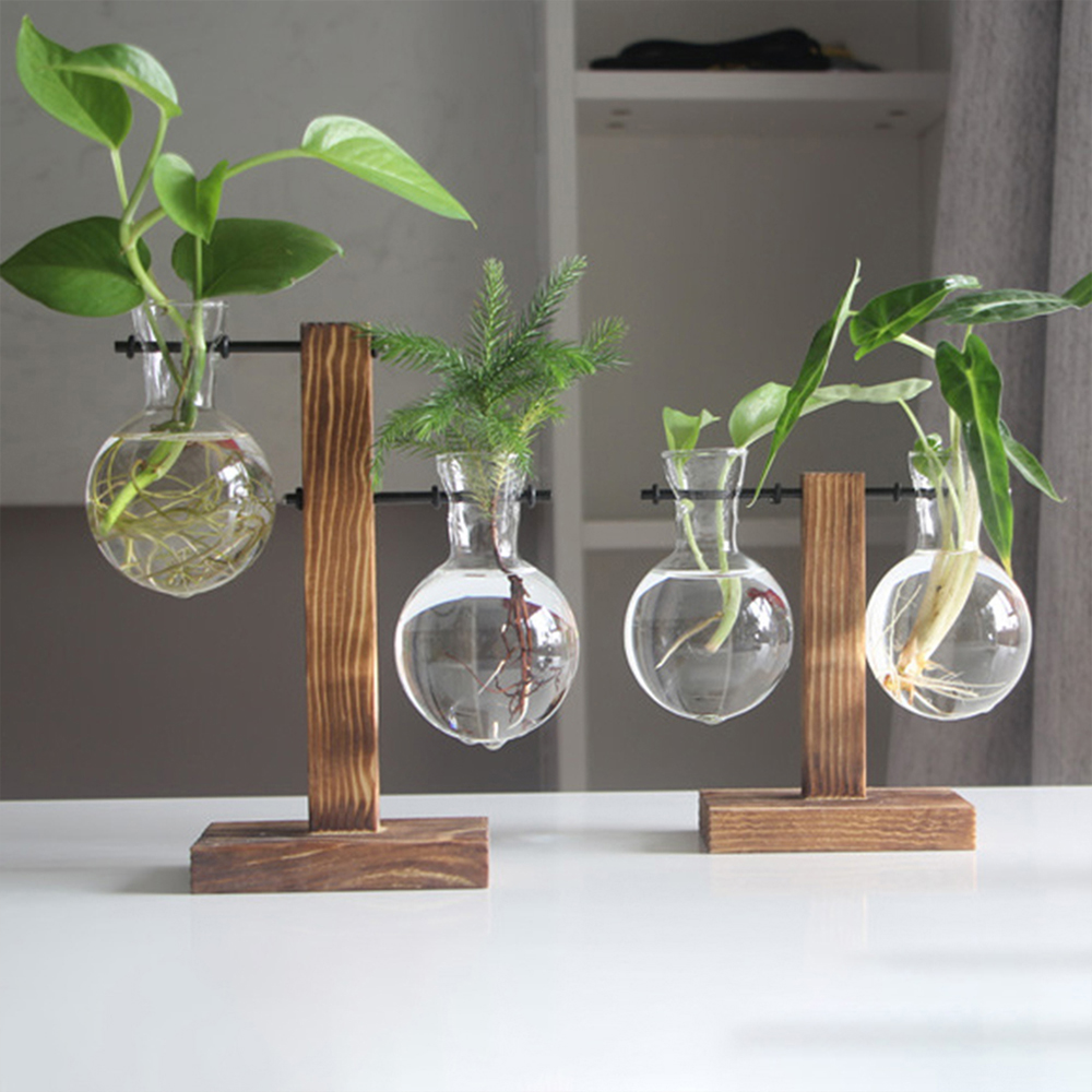 Creative Glass Desktop Planter Bulb Vase Wooden Stand Hydroponic Plant Container - Image 10