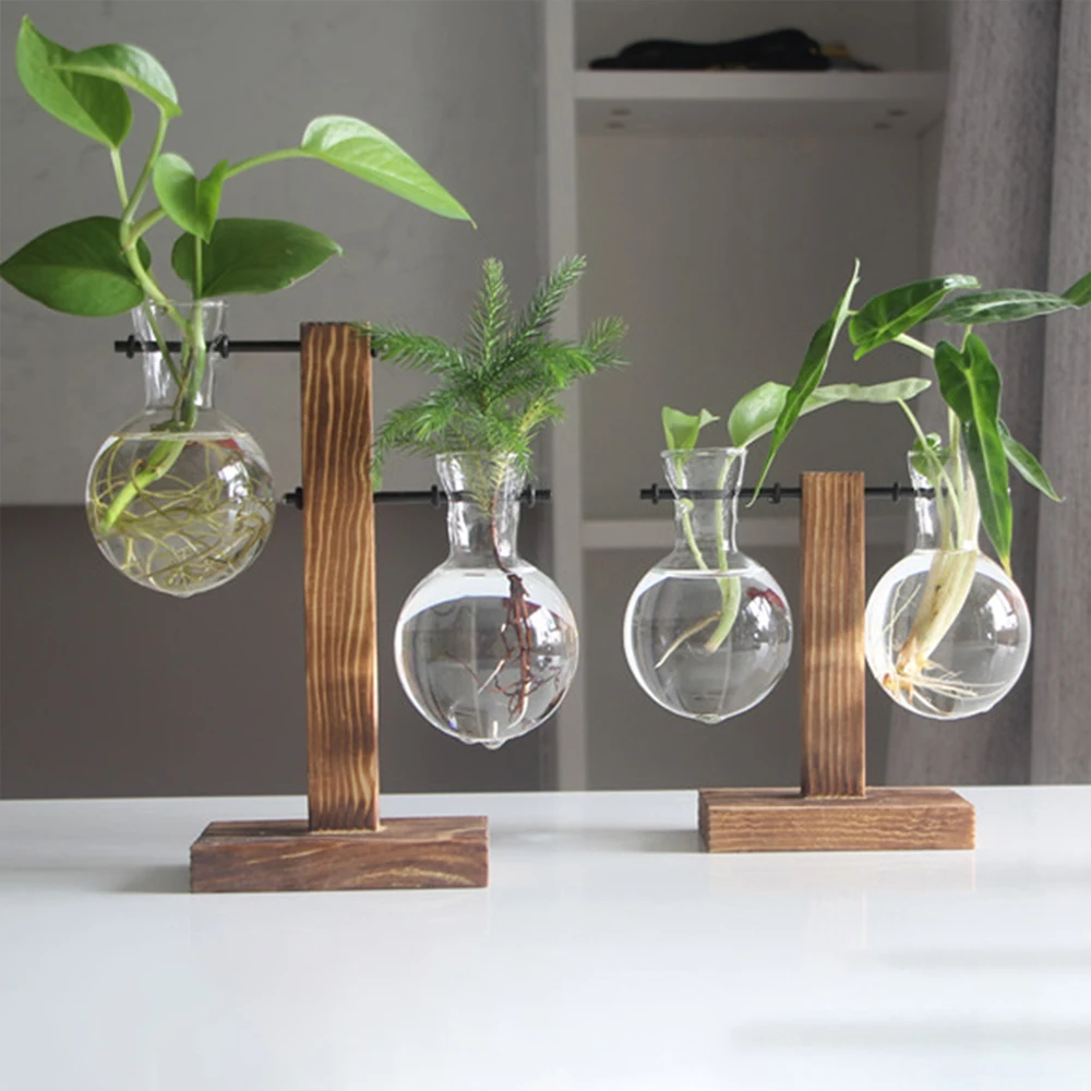 Creative Glass Desktop Planter Bulb Vase Wooden Stand Hydroponic Plant Container
