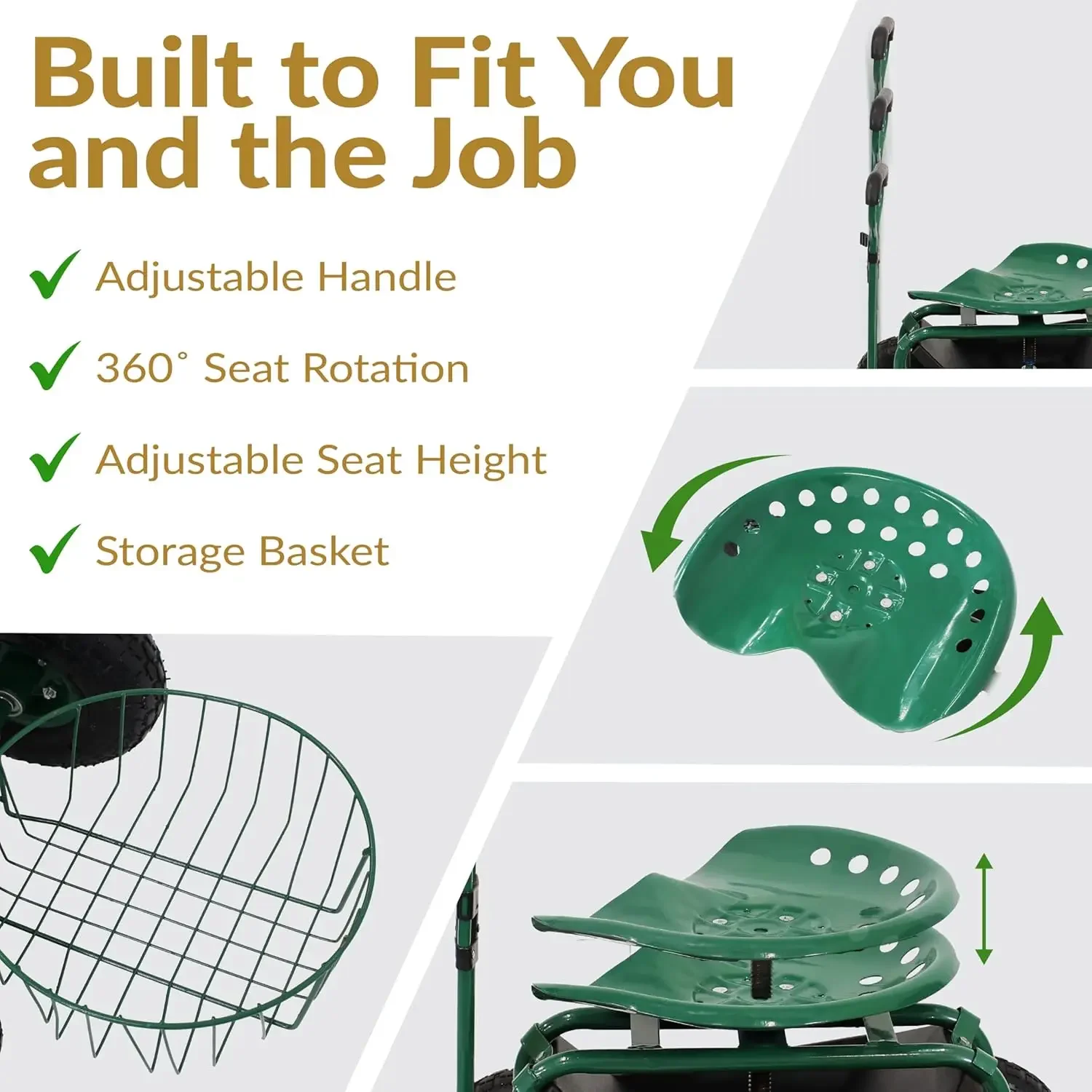 Customizable-Garden Cart With Wheels Garden Stool On Wheels Rolling Gardening Seat With Extendable Handle Swivel Seat . Green - Image 3