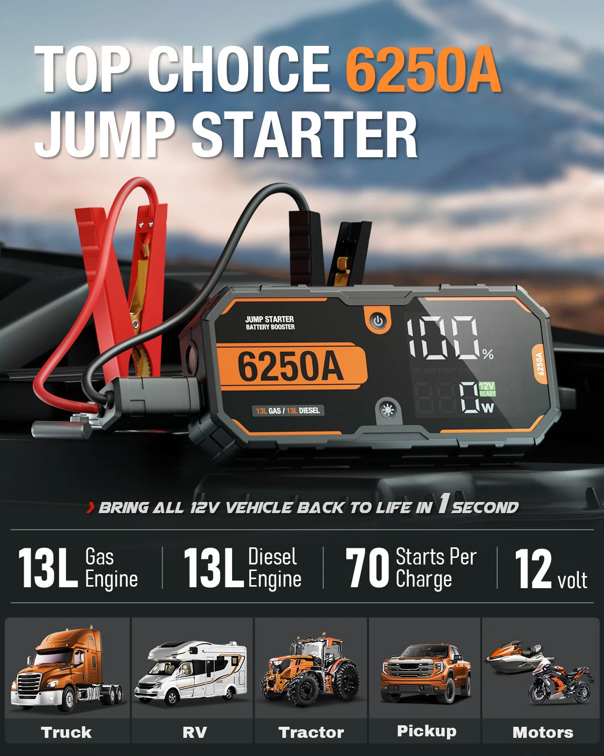 Car 6250A 30000mAh Portable 12V Jump Starter Power Bank 12V Auto Battery Charger Booster Starting Device